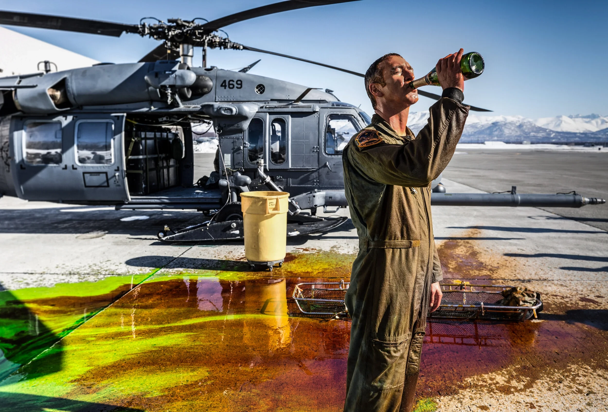 A rescue pilot celebrates his retirement flight.